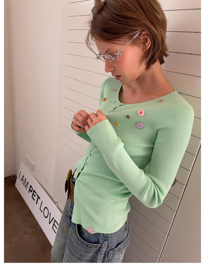 sancco house Rainbow Button Ribbed Slim Fit Knit Women&