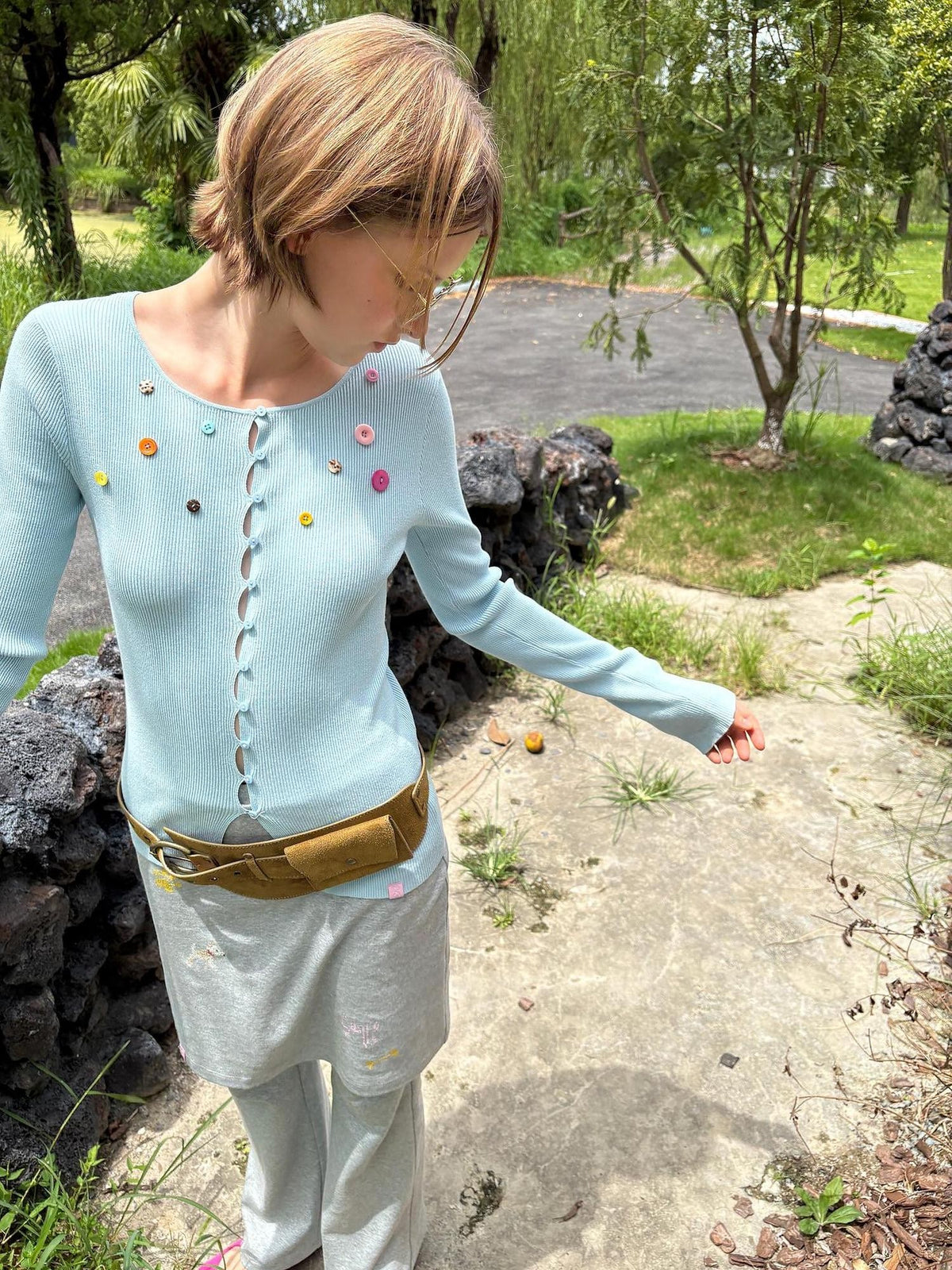 sancco house Rainbow Button Ribbed Slim Fit Knit Women&