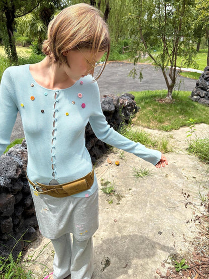 sancco house Rainbow Button Ribbed Slim Fit Knit Women&