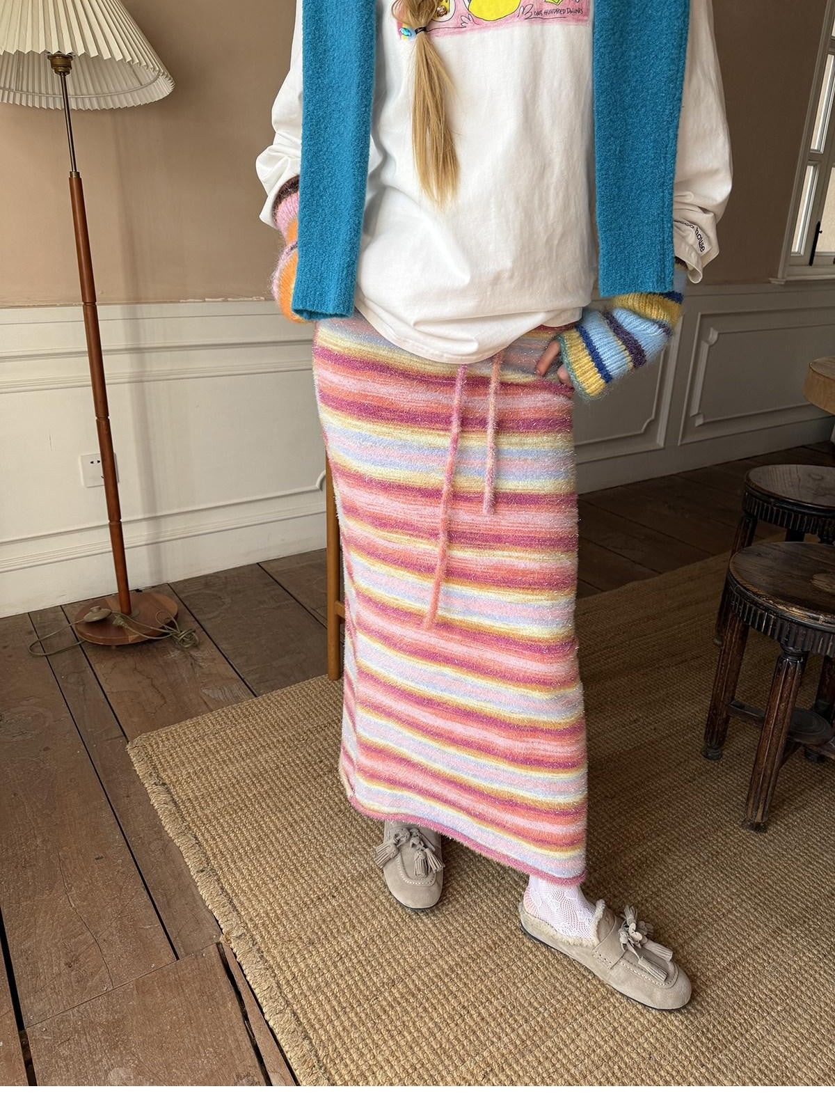 sancco house Red Gradient Stripe Knit Mid Waist A Line Women&