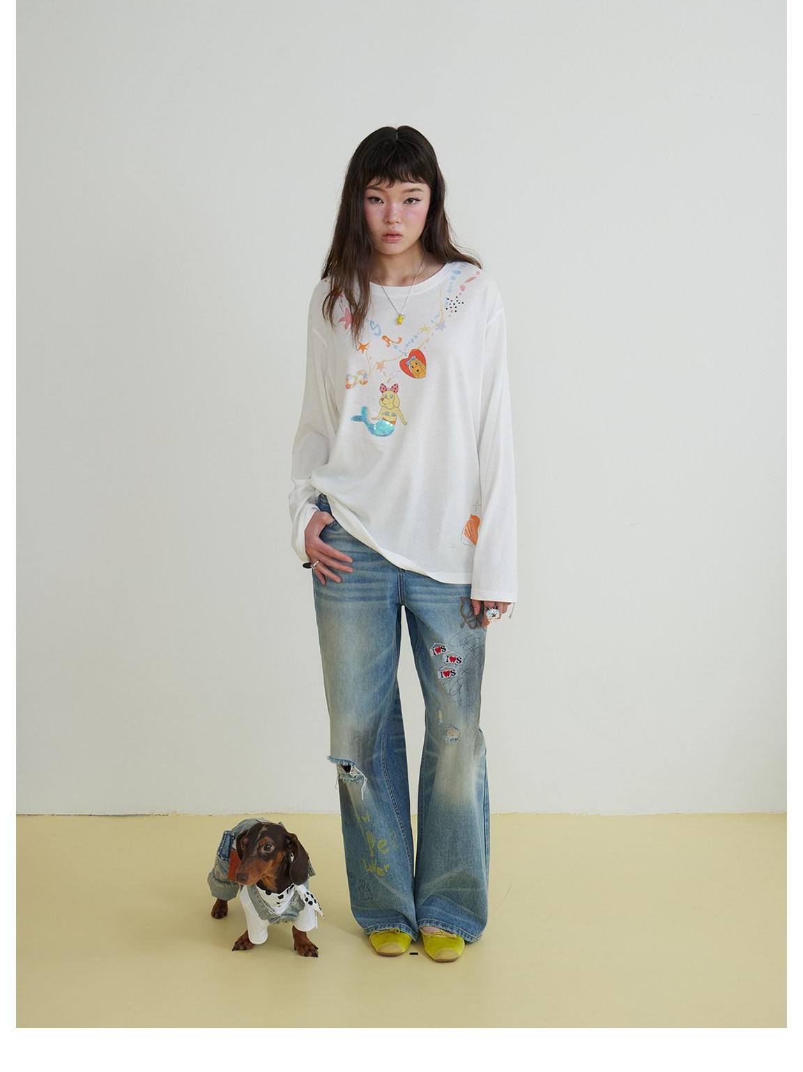 sancco house Sequin Mermaid Puppy Necklace Embroidered Women&