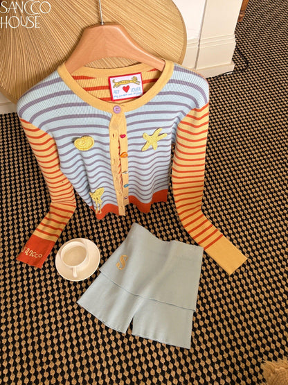 sancco house Shell Colorblock Striped Cardigan Women&