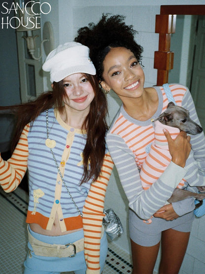 sancco house Starfish Striped Colorblock Cardigan Women&