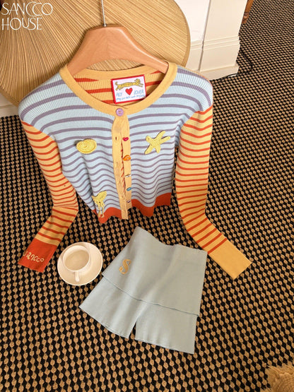 sancco house Starfish Striped Colorblock Cardigan Women&