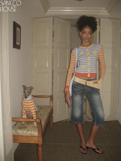 sancco house Starfish Striped Colorblock Cardigan Women&