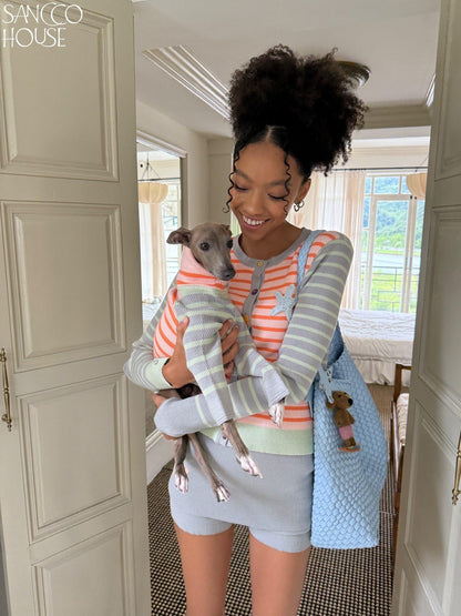 sancco house Starfish Striped Colorblock Cardigan Women&