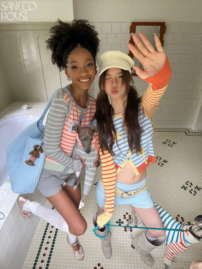 sancco house Starfish Striped Colorblock Cardigan Women&