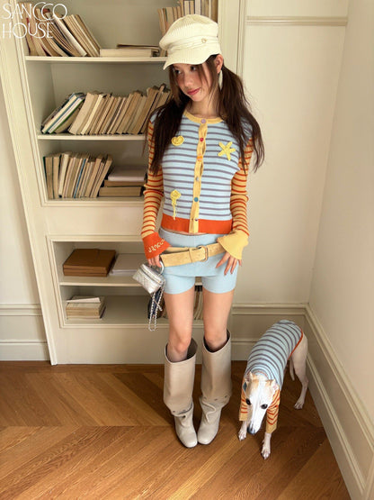 sancco house Starfish Striped Colorblock Cardigan Women&