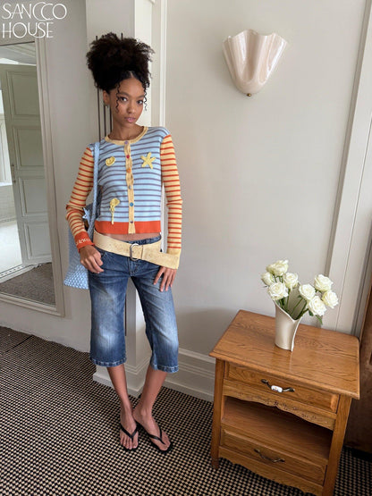 sancco house Starfish Striped Colorblock Cardigan Women&