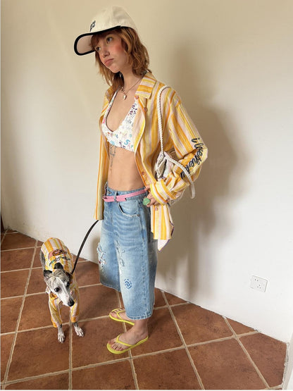 sancco house Striped Beach Dog Embroidered Women&