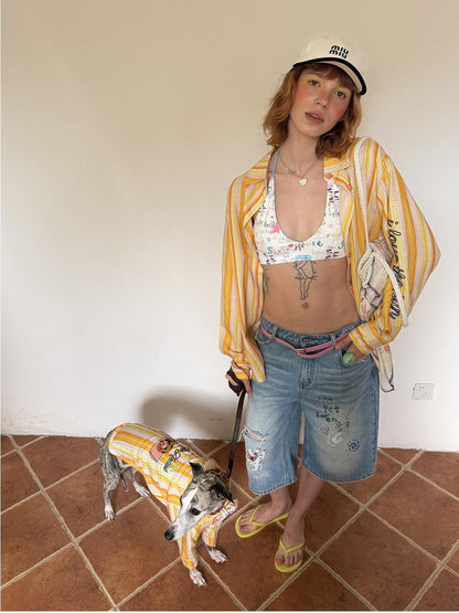 sancco house Striped Beach Dog Embroidered Women&