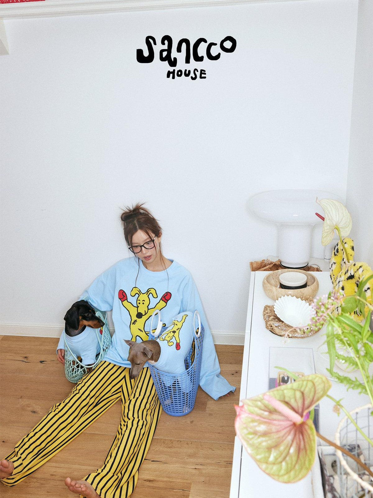 sancco house Striped Colorblock Boxing Puppy Print Women&
