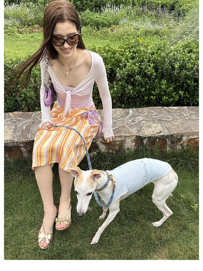 sancco house Striped Print Colorblock Double Layer Wrap Tie Bow Women&