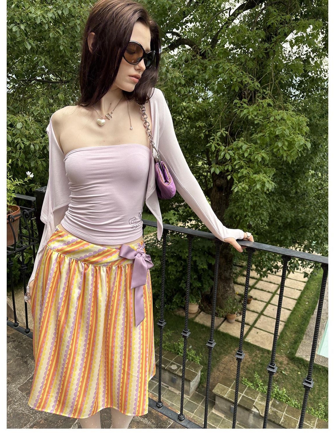 sancco house Striped Print Colorblock Double Layer Wrap Tie Bow Women&