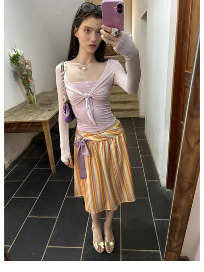 sancco house Striped Print Colorblock Double Layer Wrap Tie Bow Women&