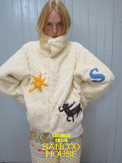 sancco house Towel Embroidered Patch Plaid Stand Collar Women&