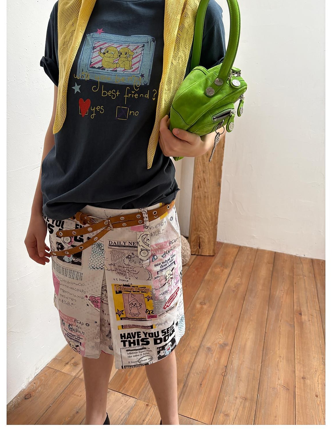 sancco house Vintage Dog Newspaper Print Double Belt Loop A Line Women&