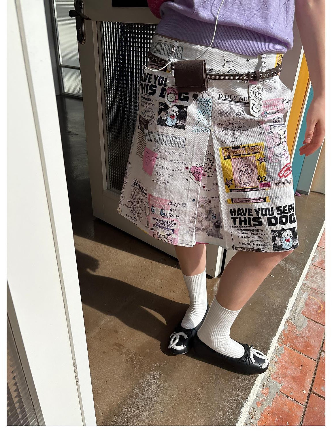 sancco house Vintage Dog Newspaper Print Double Belt Loop A Line Women&