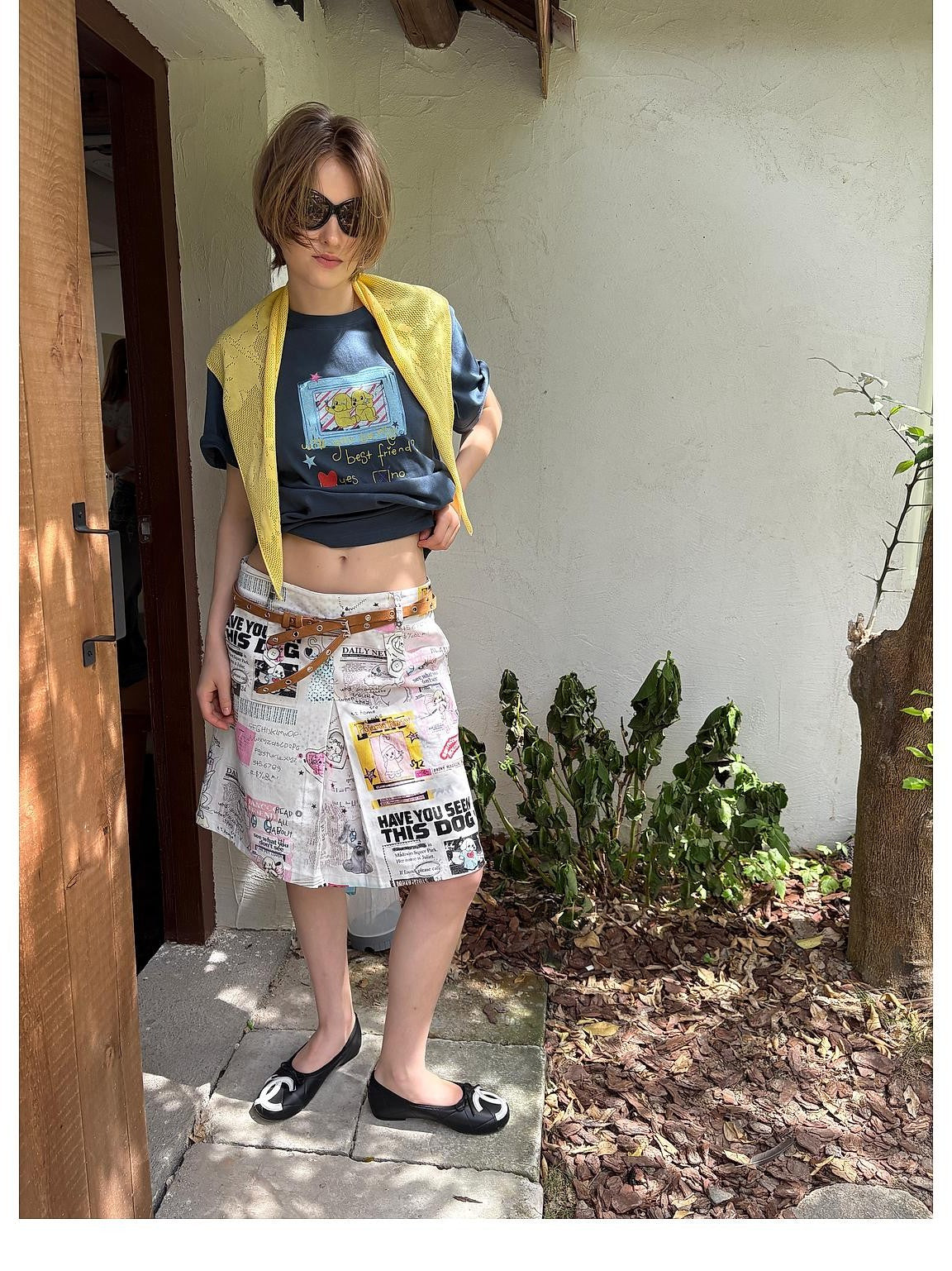 sancco house Vintage Dog Newspaper Print Double Belt Loop A Line Women&