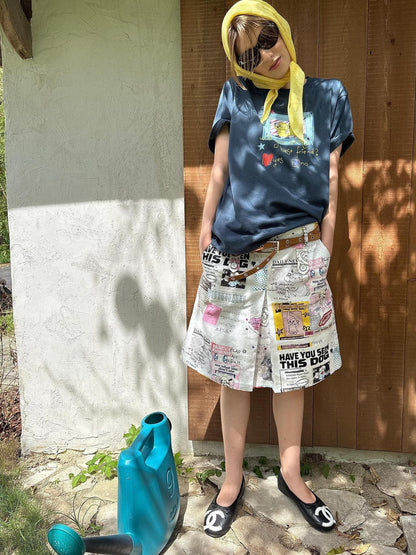 sancco house Vintage Dog Newspaper Print Double Belt Loop A Line Women&