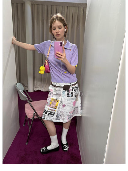 sancco house Vintage Dog Newspaper Print Double Belt Loop A Line Women&