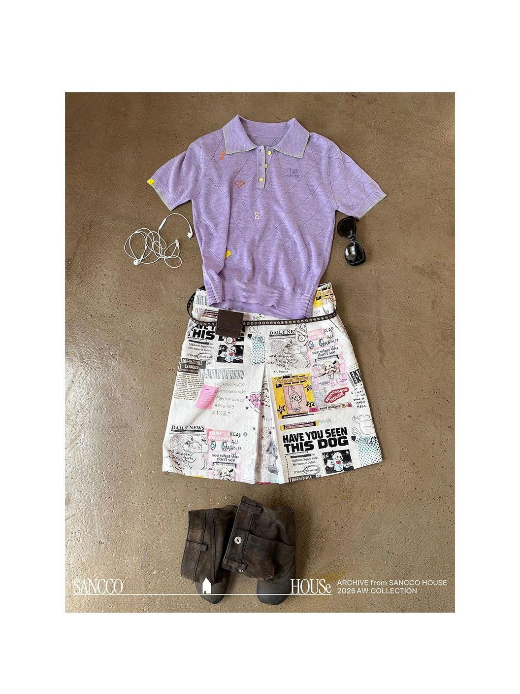 sancco house Vintage Dog Newspaper Print Double Belt Loop A Line Women&