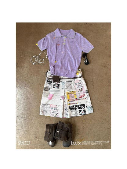 sancco house Vintage Dog Newspaper Print Double Belt Loop A Line Women&