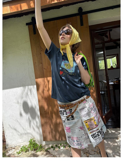 sancco house Vintage Dog Newspaper Print Double Belt Loop A Line Women&