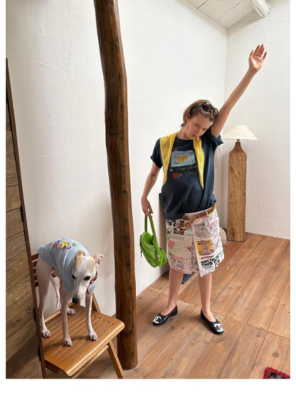 sancco house Vintage Dog Newspaper Print Double Belt Loop A Line Women&
