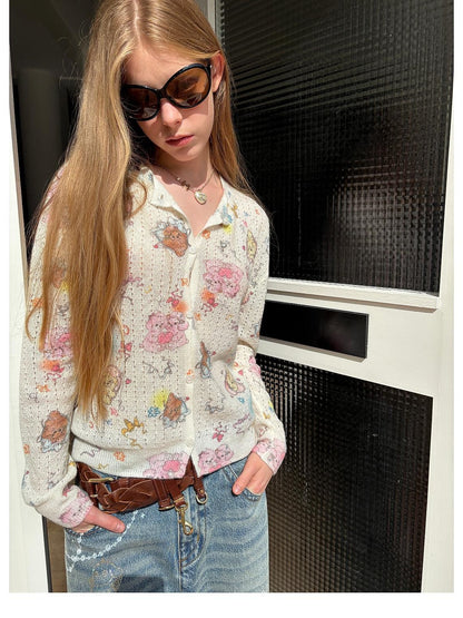 sancco house Vintage Print Wool Alpaca Open Knit Women&