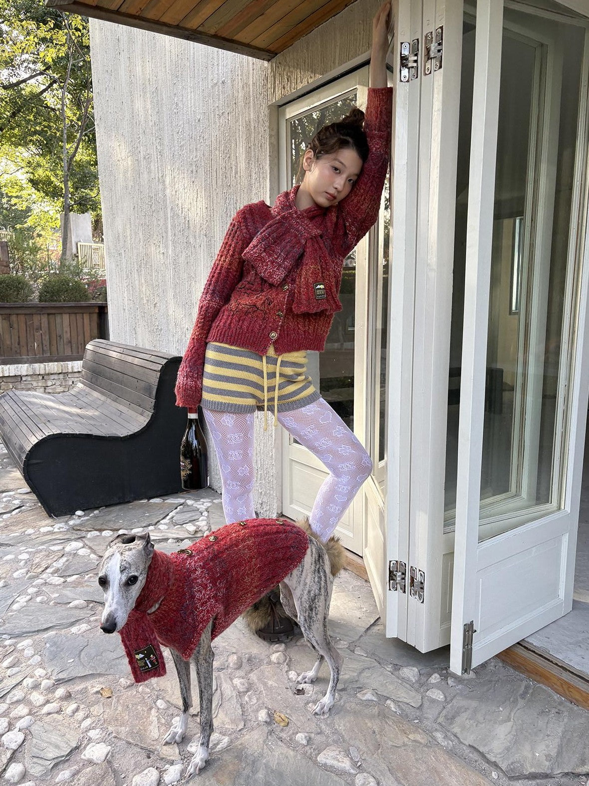 sancco house Vintage Red Gradient Cable Knit Embroidered Pearl Yarn Women&