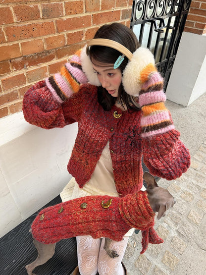 sancco house Vintage Red Gradient Cable Knit Embroidered Pearl Yarn Women&