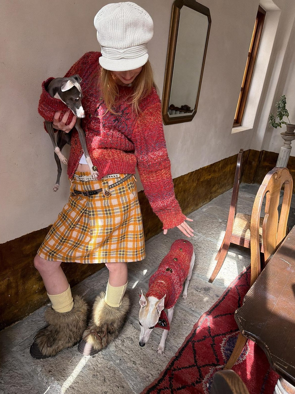 sancco house Vintage Yellow Plaid Double Waist Loops Women&
