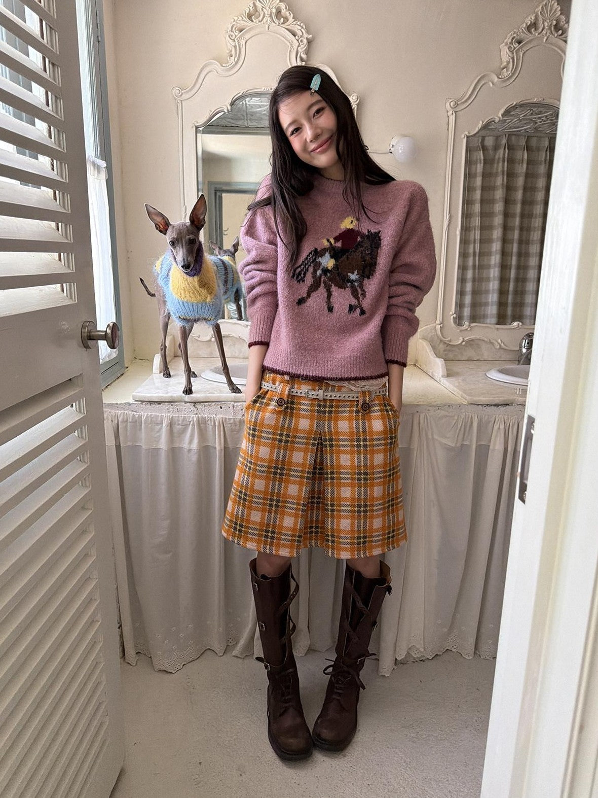 sancco house Vintage Yellow Plaid Double Waist Loops Women&