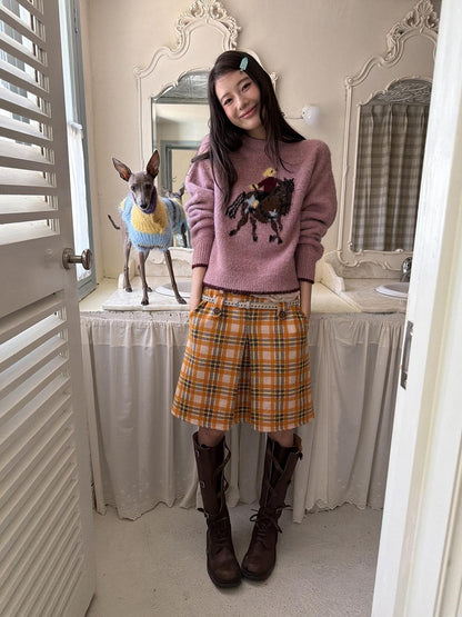 sancco house Vintage Yellow Plaid Double Waist Loops Women&