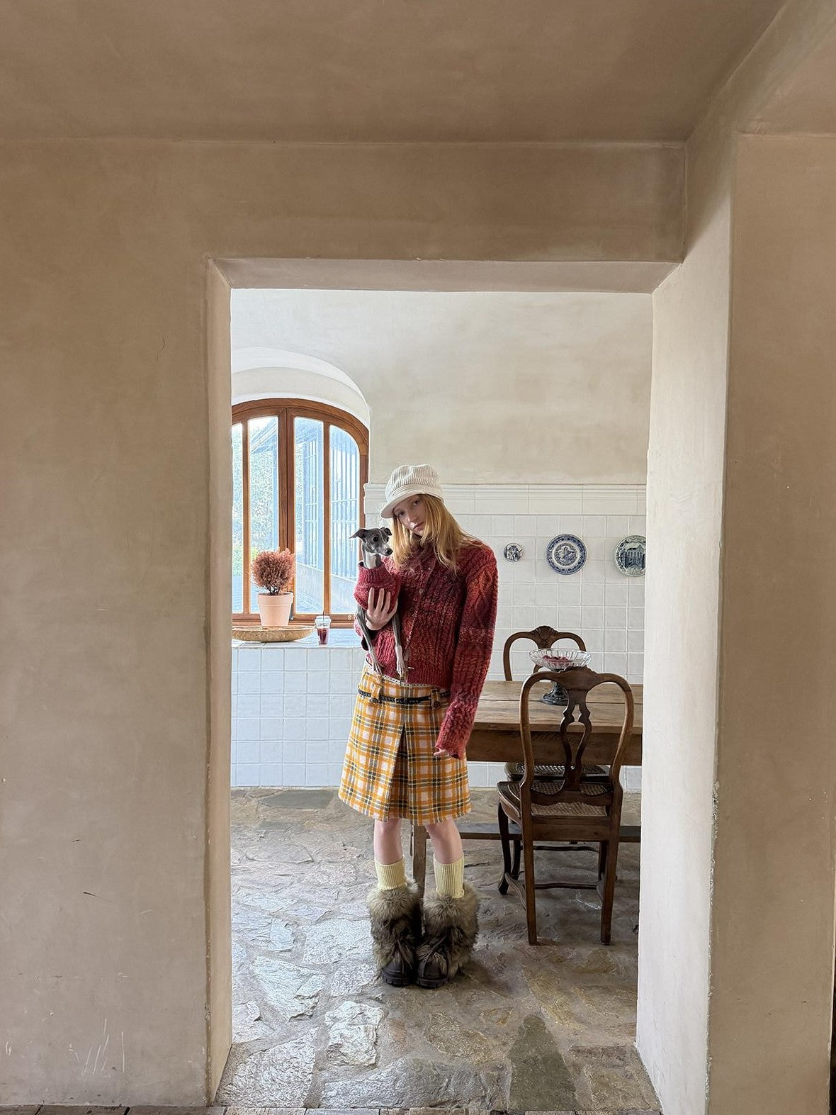 sancco house Vintage Yellow Plaid Double Waist Loops Women&