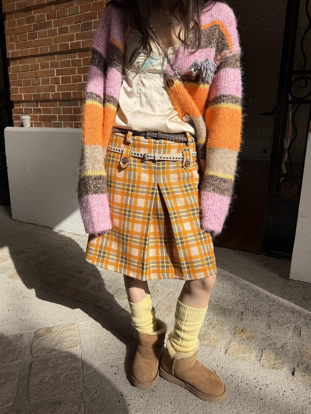 sancco house Vintage Yellow Plaid Double Waist Loops Women&