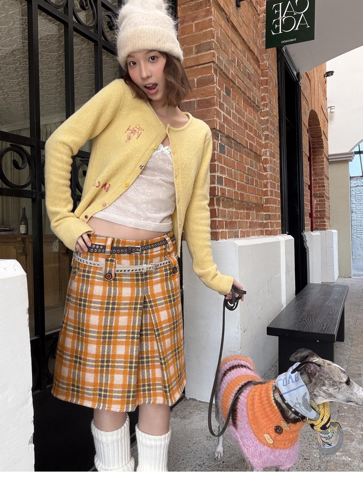 sancco house Vintage Yellow Plaid High Waist Double Tab Women&