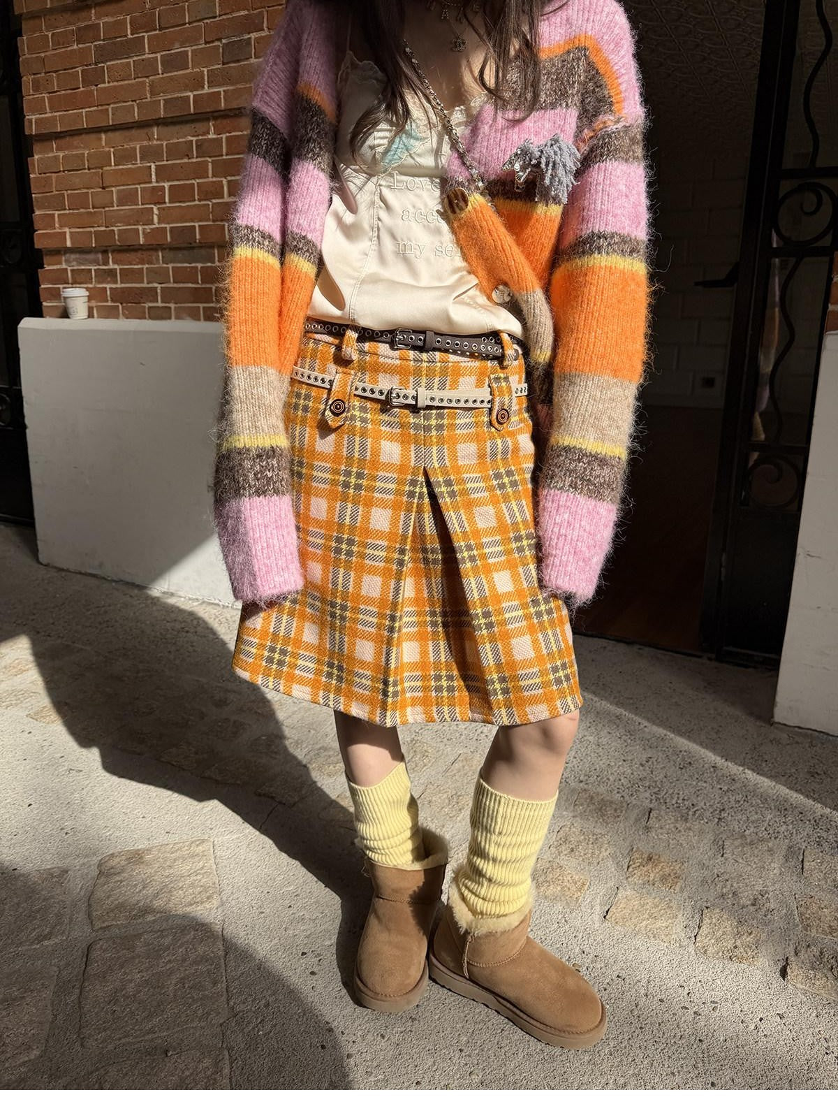 sancco house Vintage Yellow Plaid High Waist Double Tab Women&