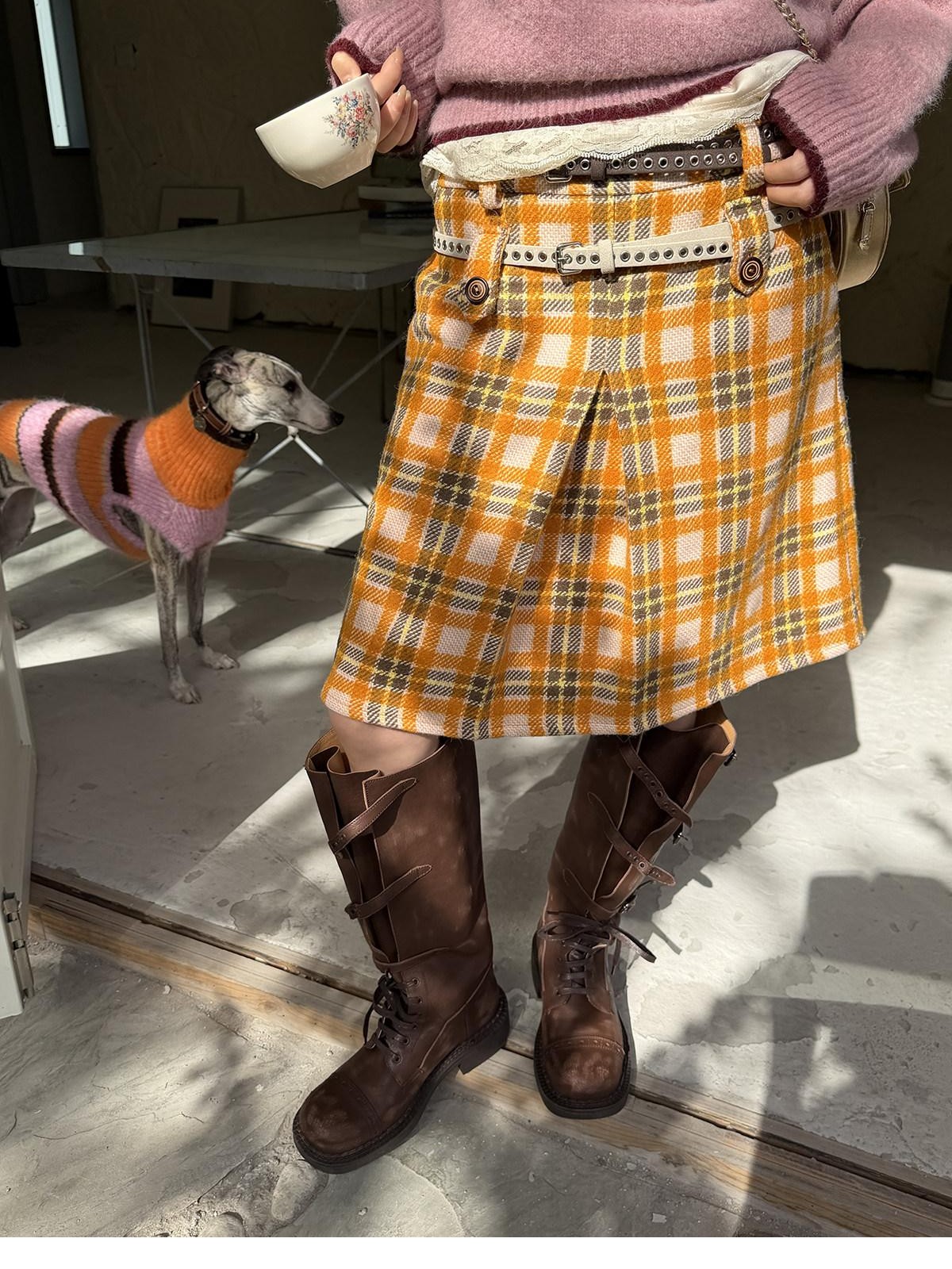 sancco house Vintage Yellow Plaid High Waist Double Tab Women&