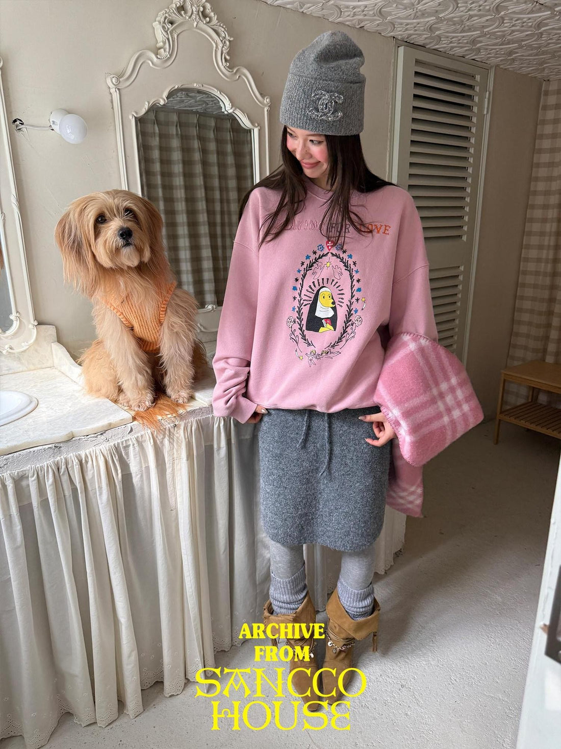 sancco house Washed Crewneck Nun Puppy Print Women&