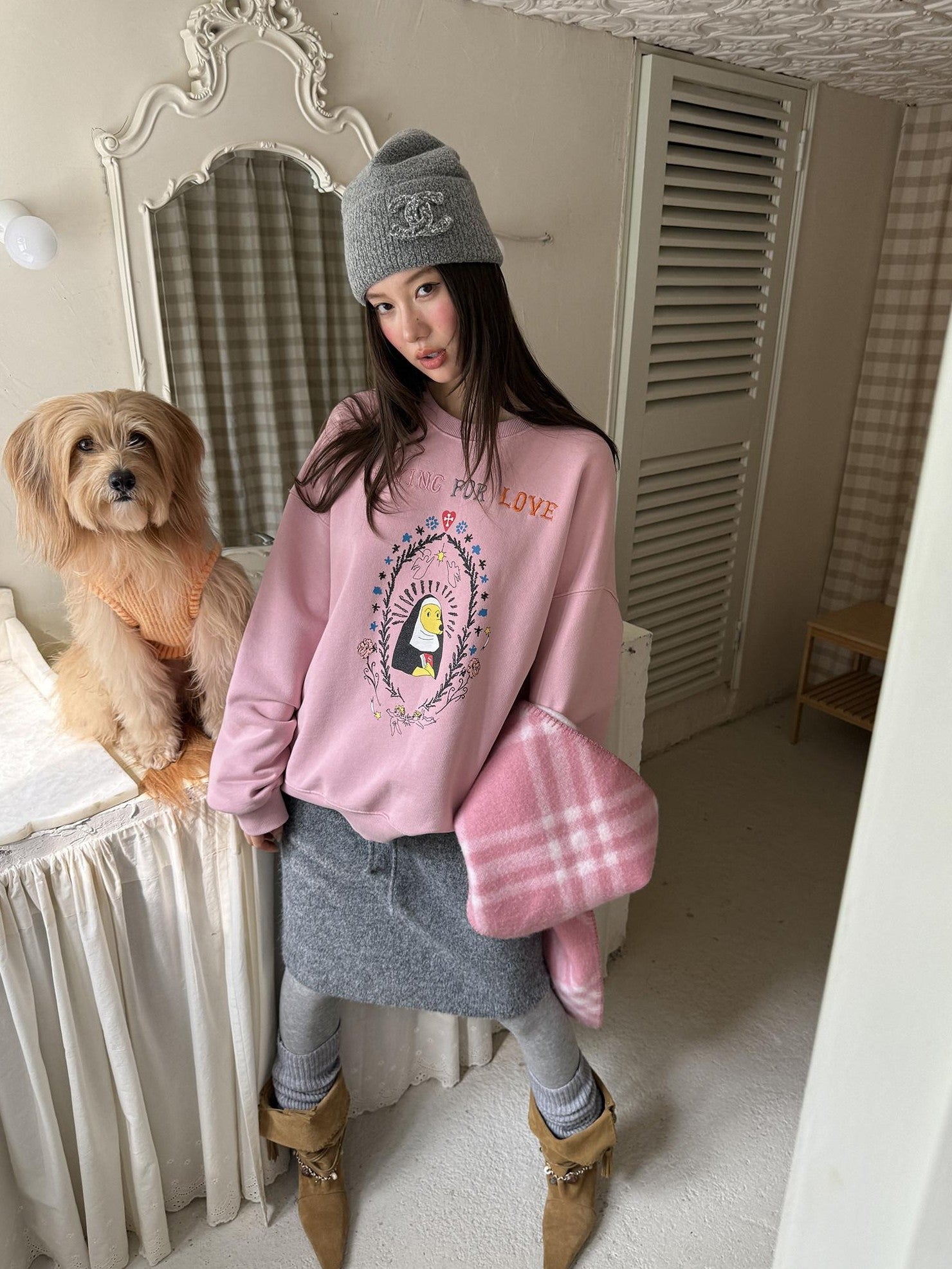 sancco house Washed Crewneck Nun Puppy Print Women&
