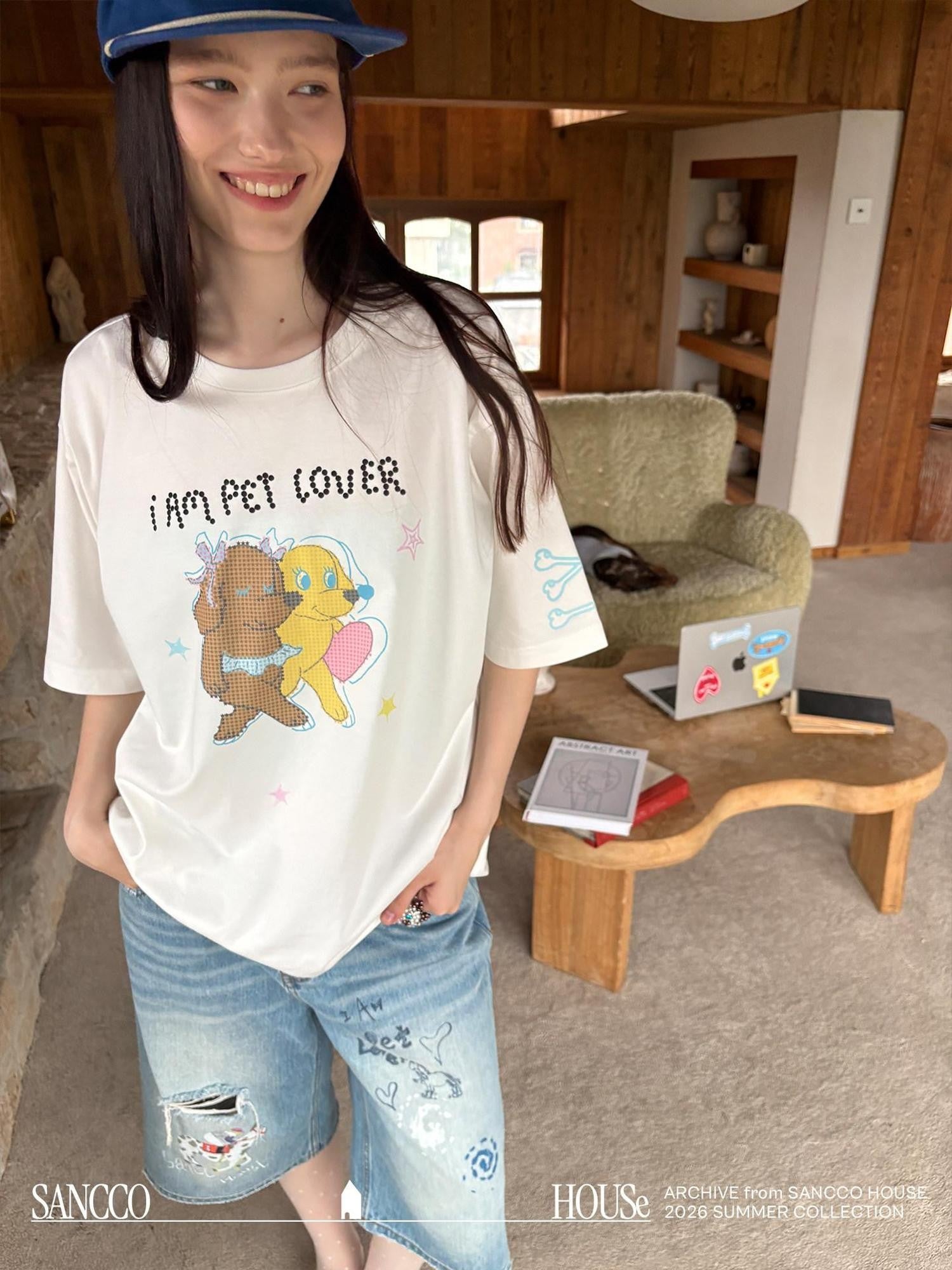 sancco house White Perler Bead Puppy Cartoon Print Women&