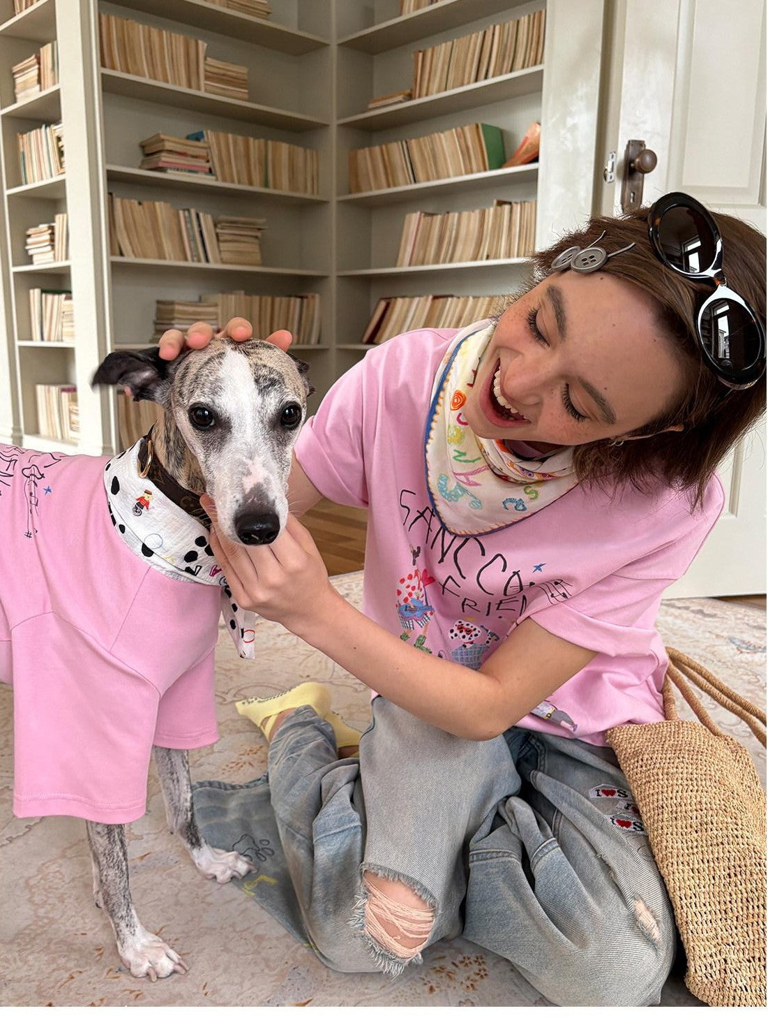 sancco house White Pink Cute Print Crew Neck Women&