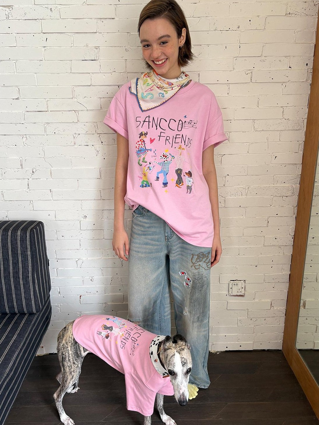 sancco house White Pink Cute Print Crew Neck Women&
