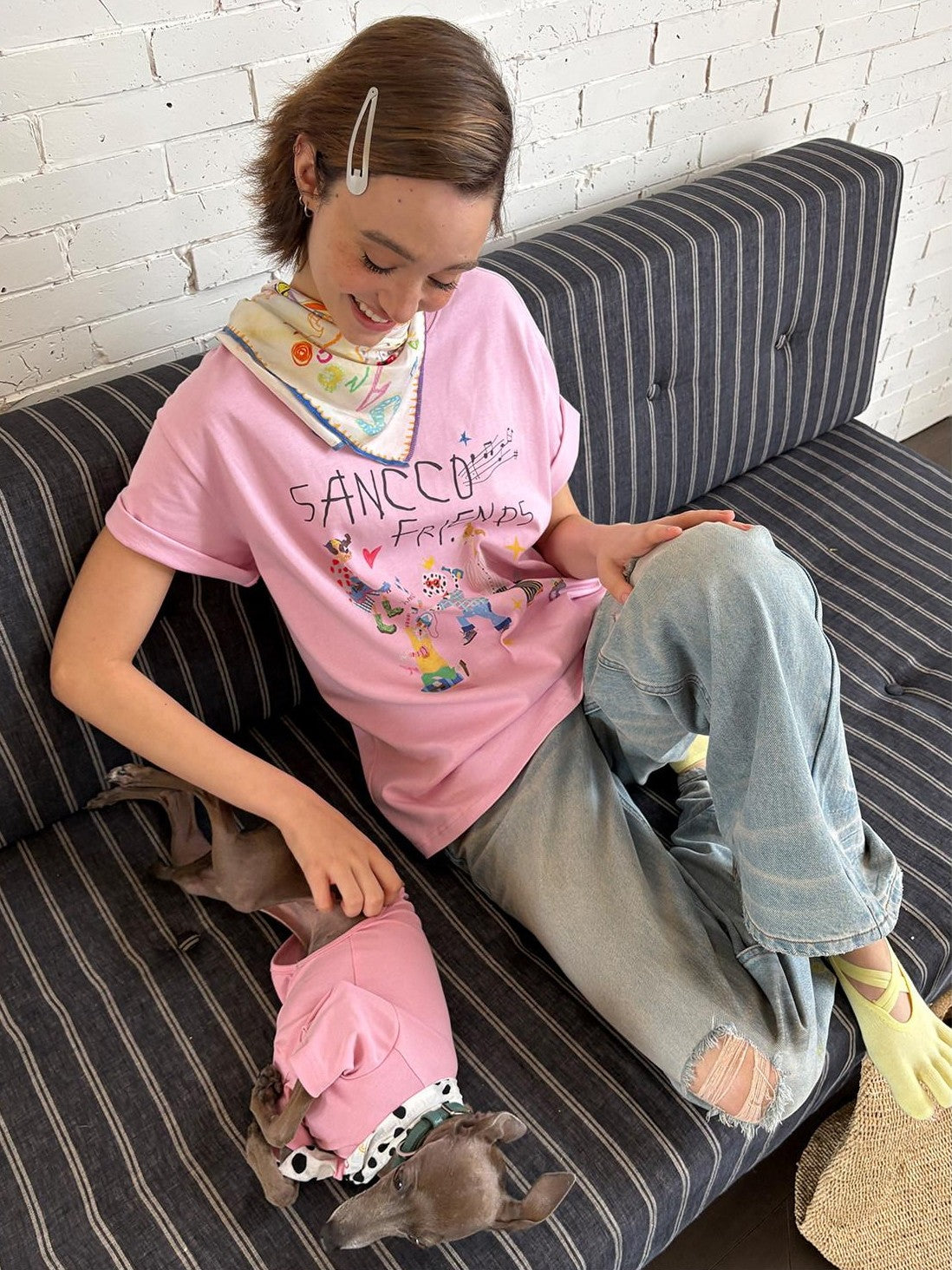 sancco house White Pink Cute Print Crew Neck Women&