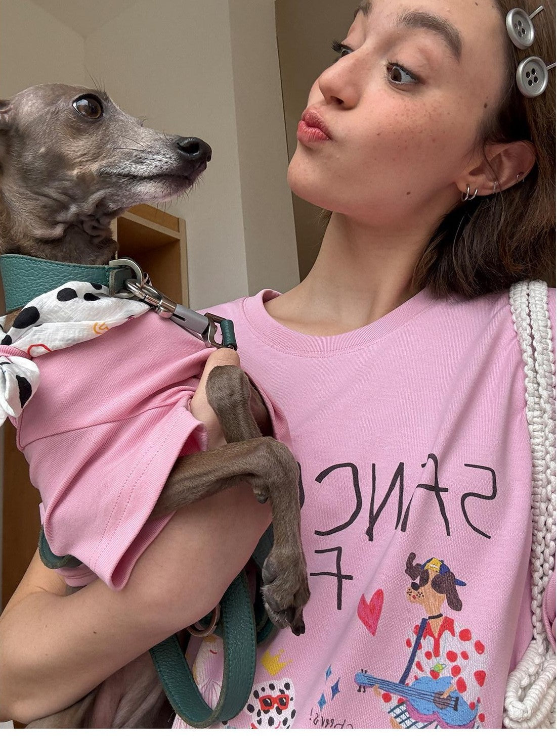 sancco house White Pink Cute Print Crew Neck Women&