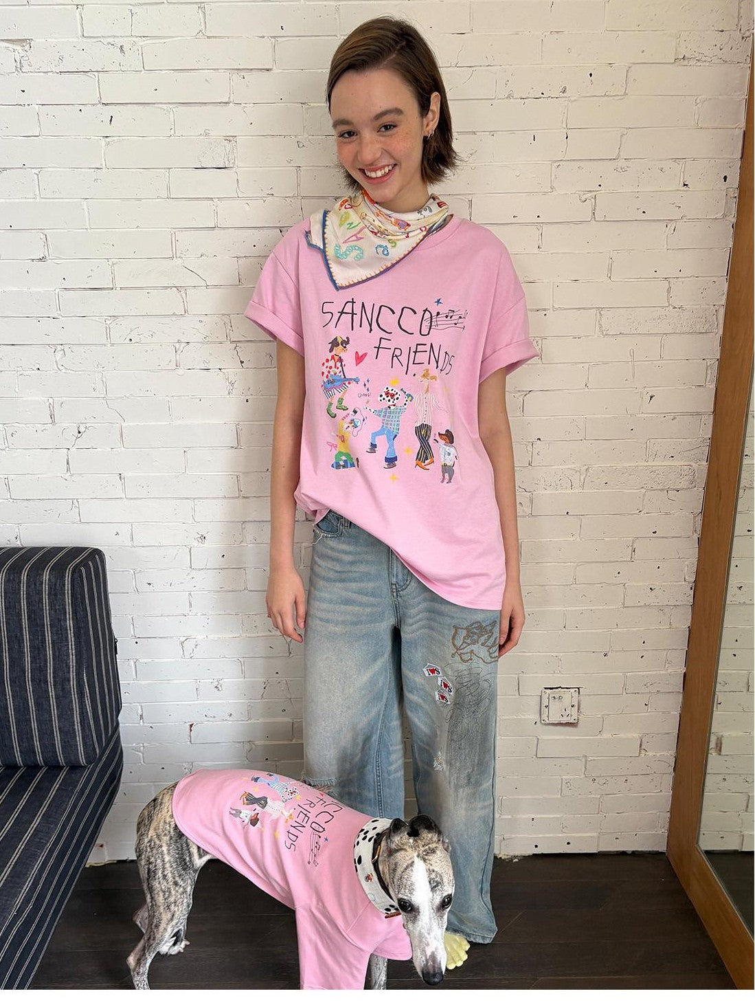 sancco house White Pink Cute Print Crew Neck Women&
