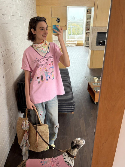 sancco house White Pink Cute Print Crew Neck Women&