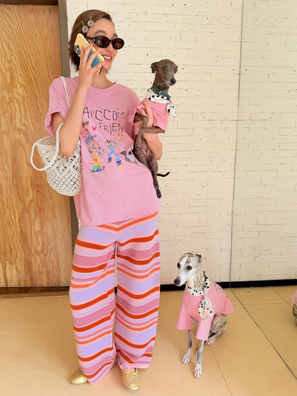 sancco house White Pink Cute Print Crew Neck Women&